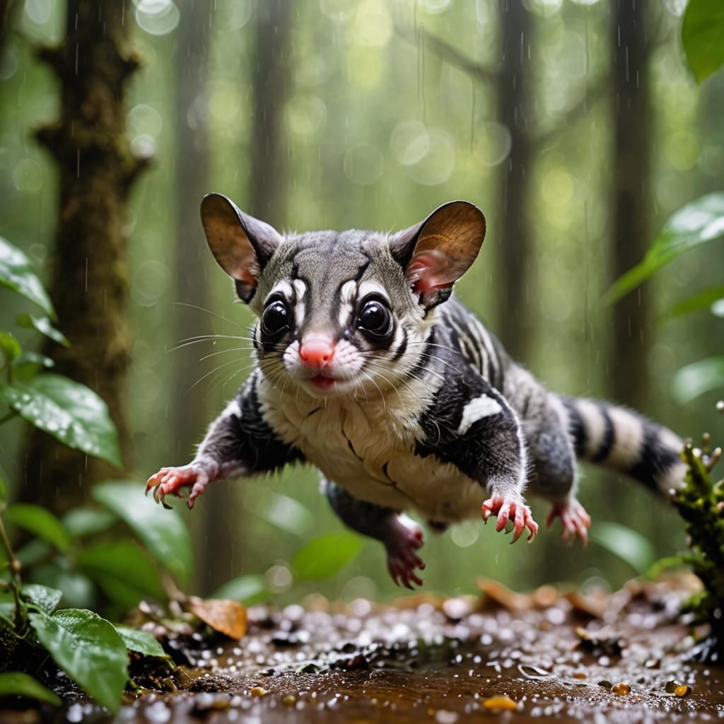 Sugar Glider Bouncing in Wet Forest: Macro Tilt Shift