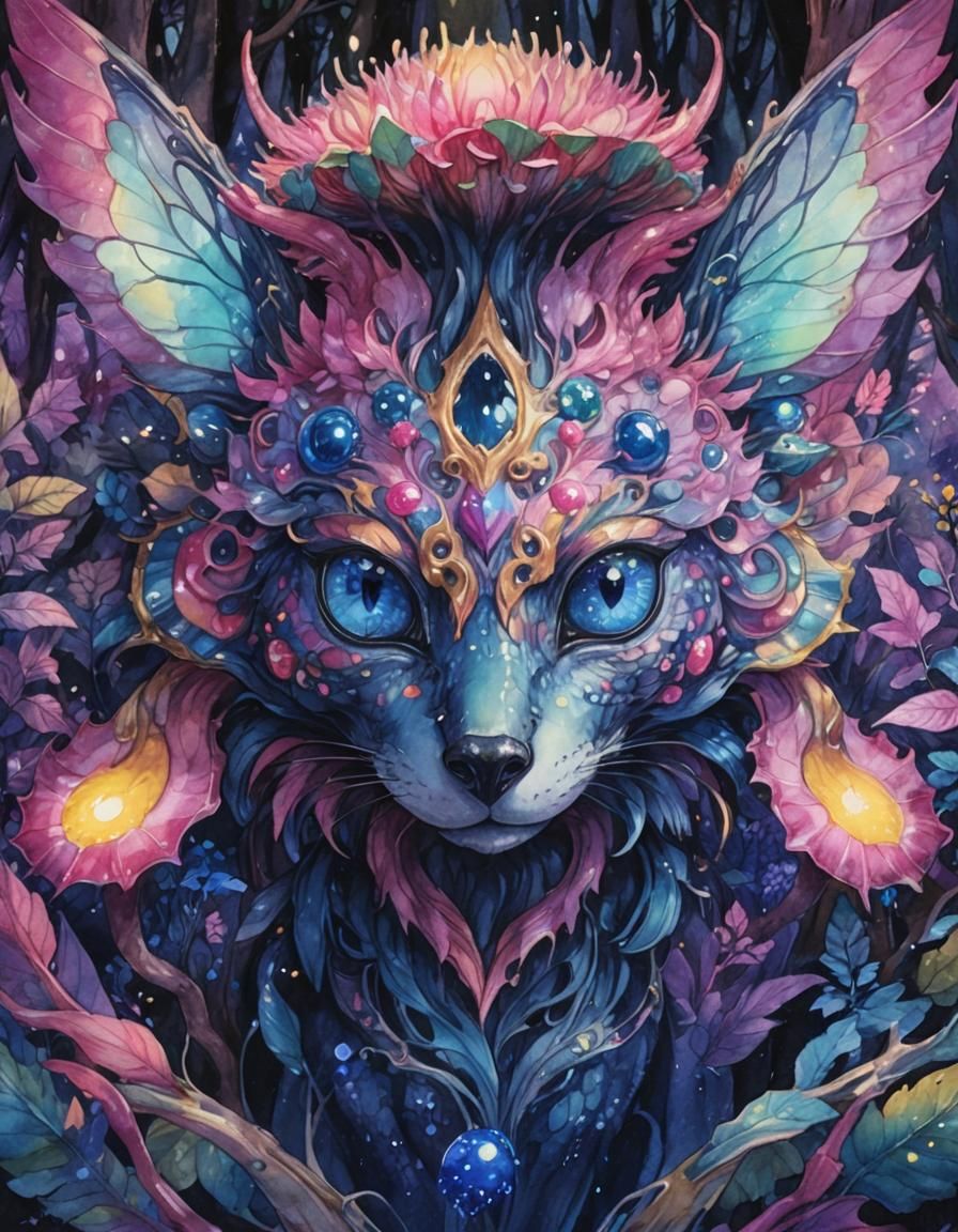 Dark Whimsy: A Watercolor Magical Creature in Fantasy Forest