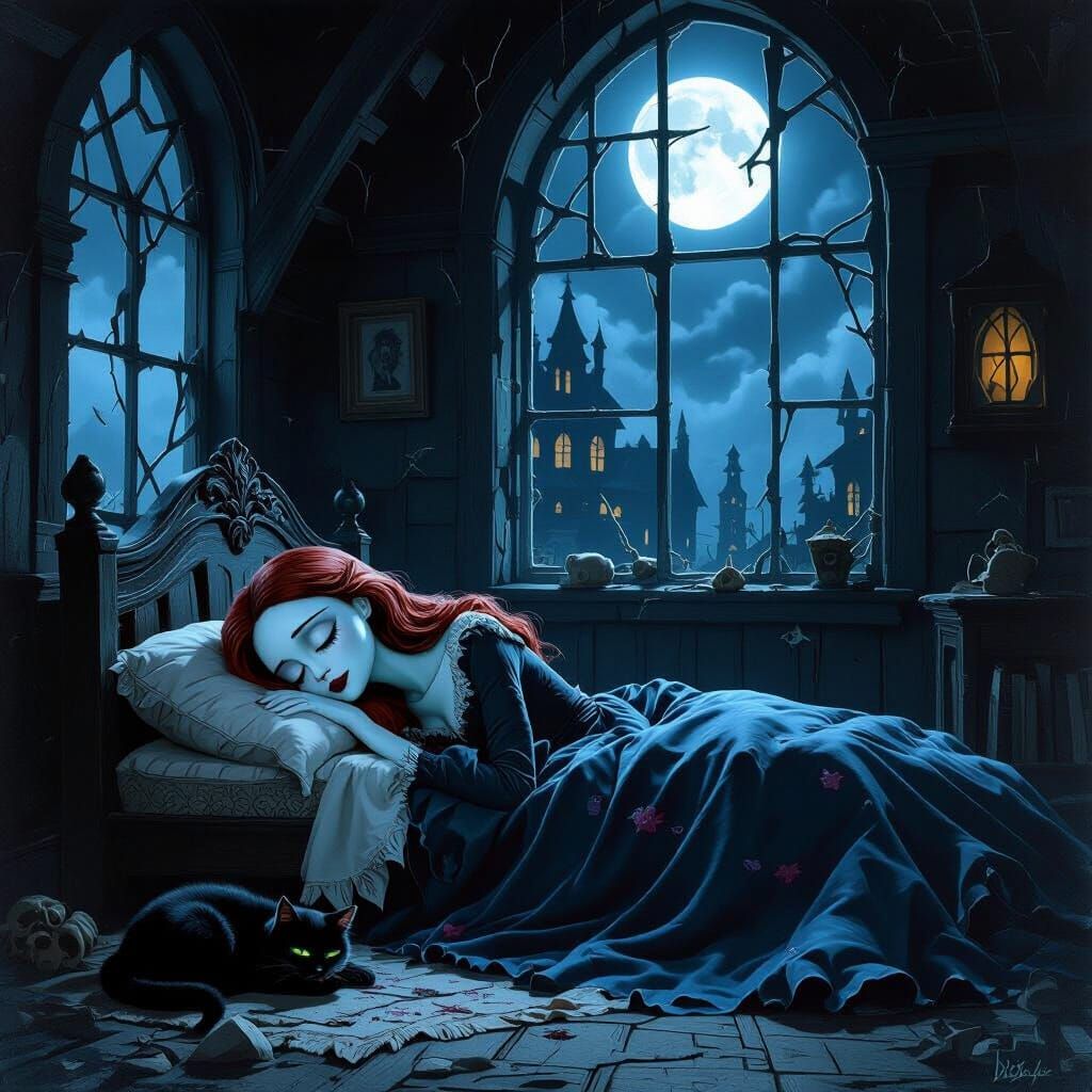 Sally Sleeping in Haunted House, Dark Fantasy Art