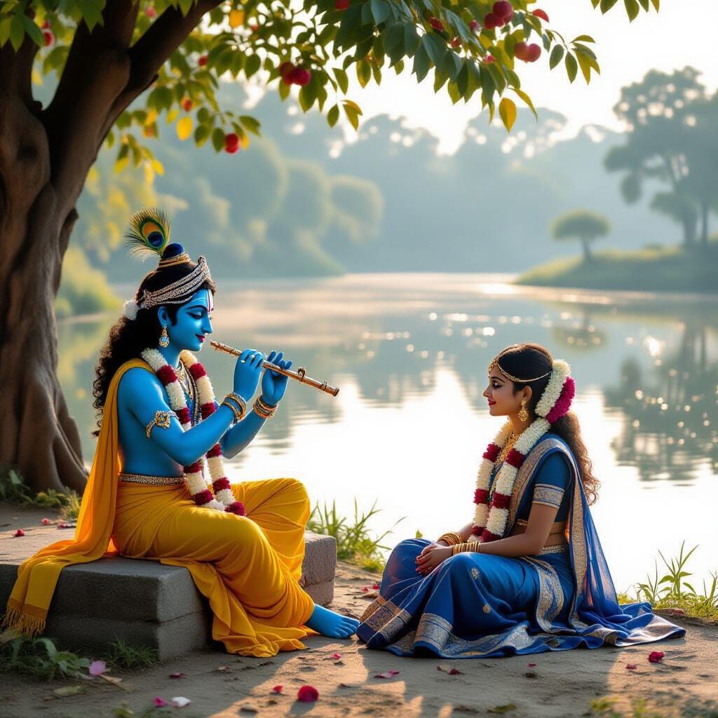Krishna and Radha Flute Scene in Rural Bengal Landscape
