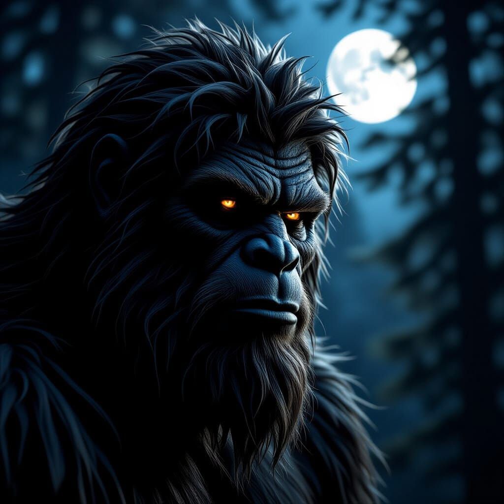 Hyperrealistic Bigfoot Face With Full Moon Reflection in Eye...