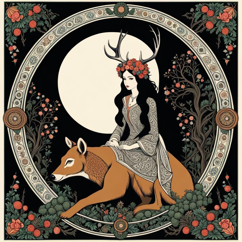 Girl with Antlers on Bear in Gothic Landscape