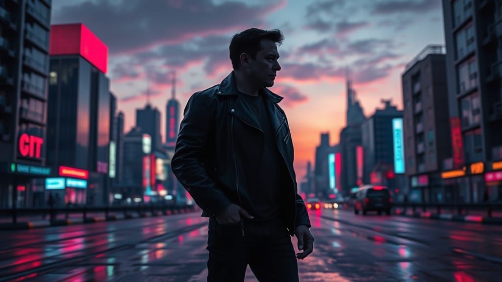 Futuristic Cityscape with Silhouette in Cyberpunk Style