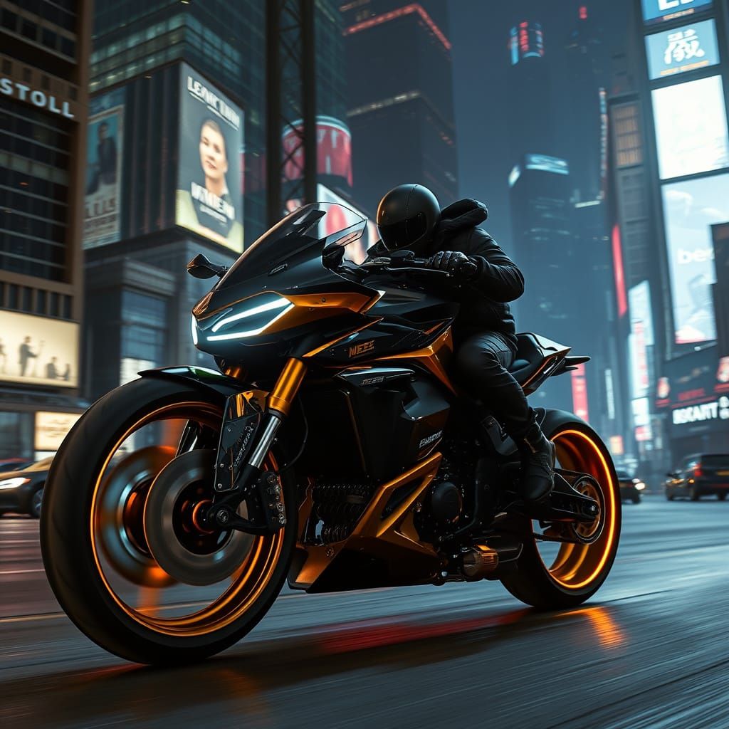 Futuristic Motorcycle in Neon Cityscape