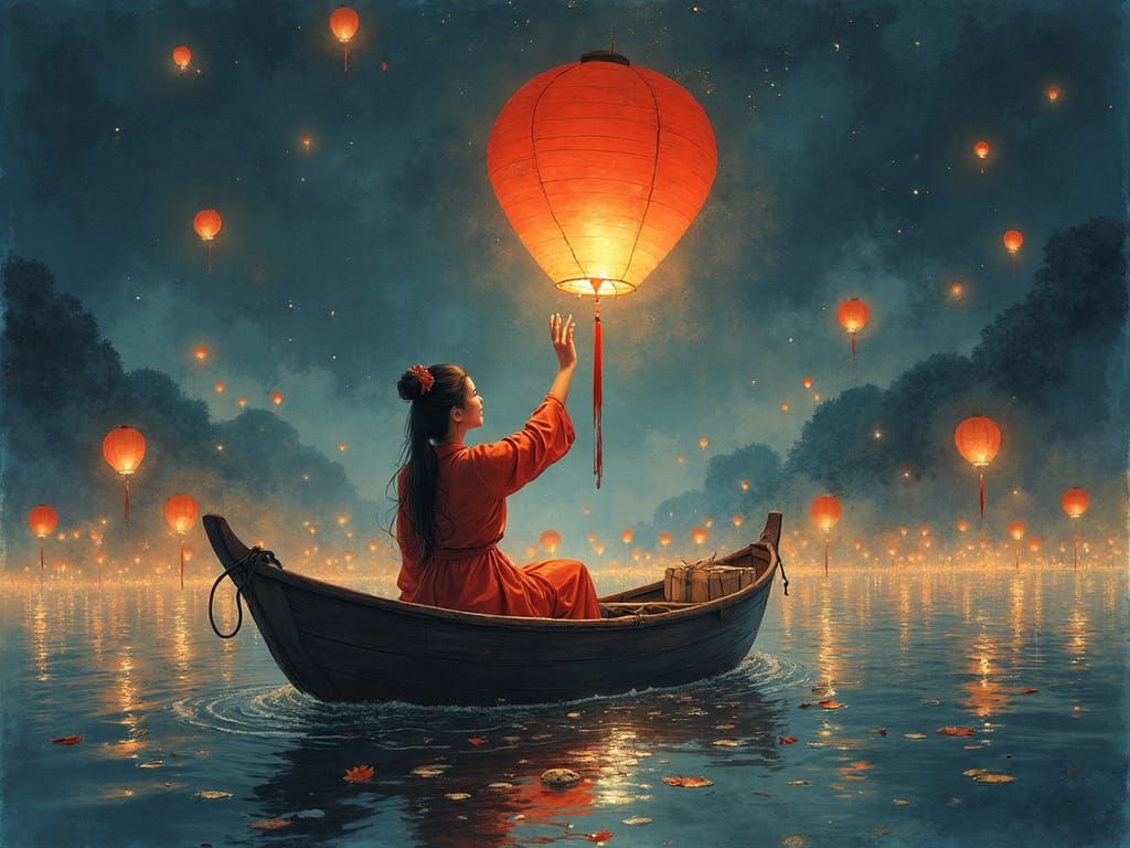 Luminous Chinese Lantern Festival Scene in Dripping Ink