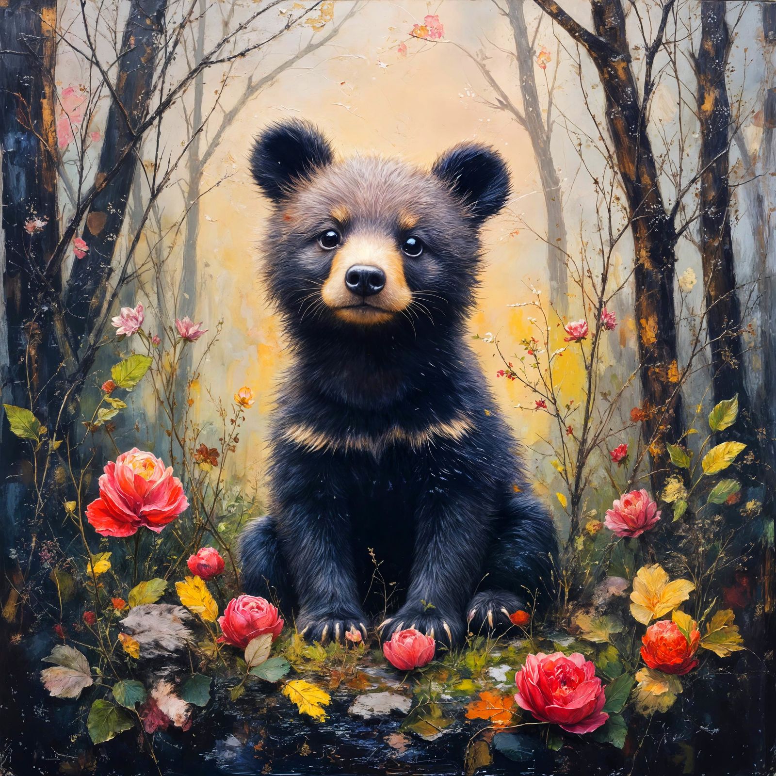 Fuzzy Bear Cub Portrait in Impasto Style