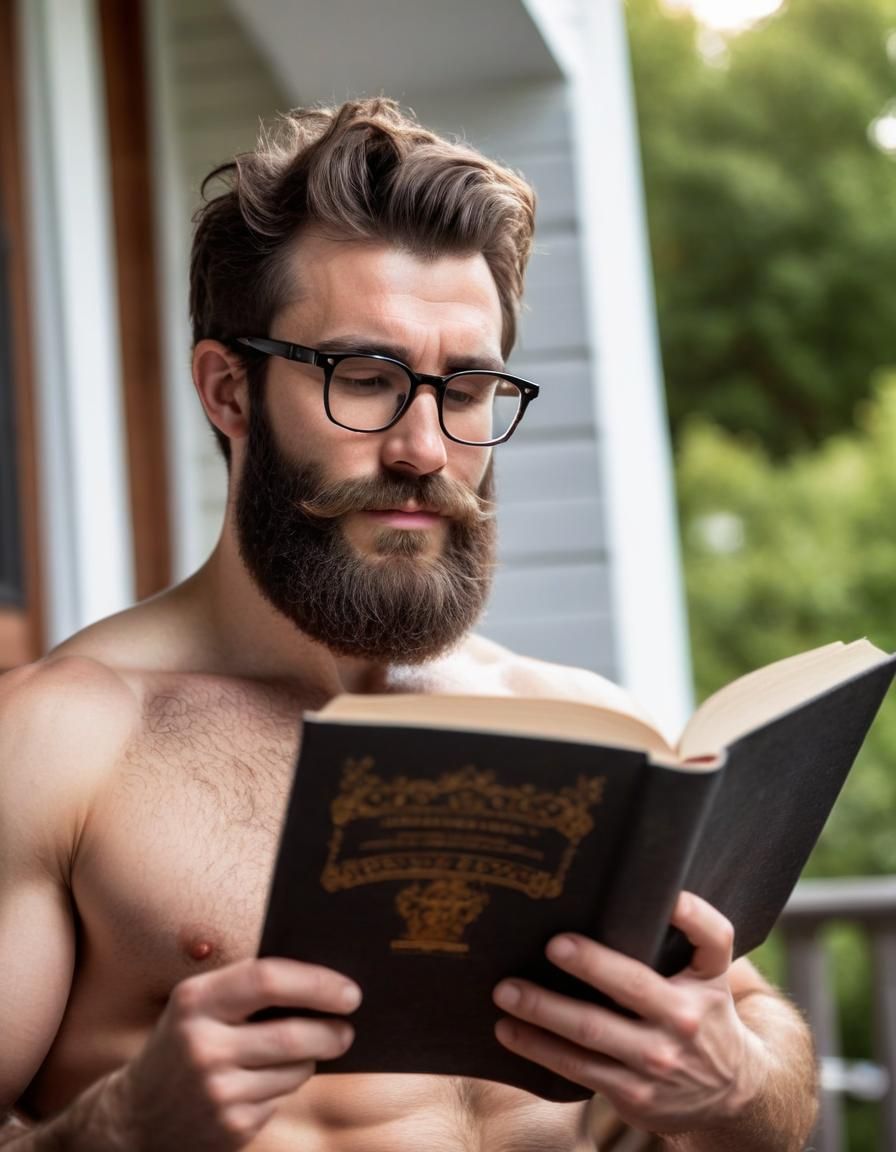 Attractive Man Reading Book on Porch Photograph