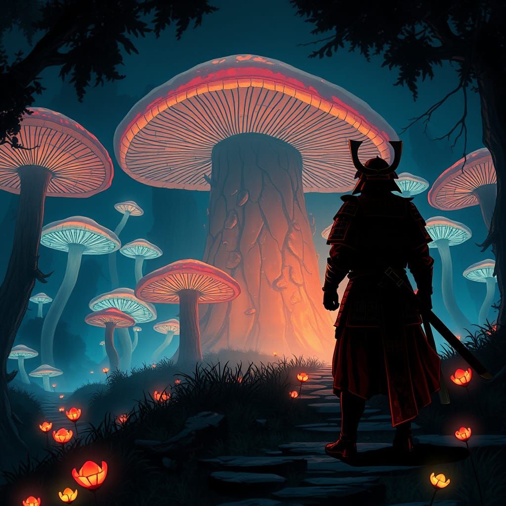 Crimson Samurai in Bioluminescent Forest, Dark Fantasy Art
