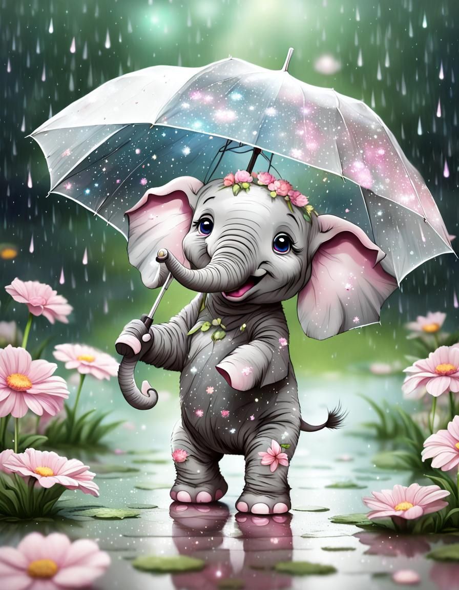 Chibi Elephant Dancing in Rainy Galaxy