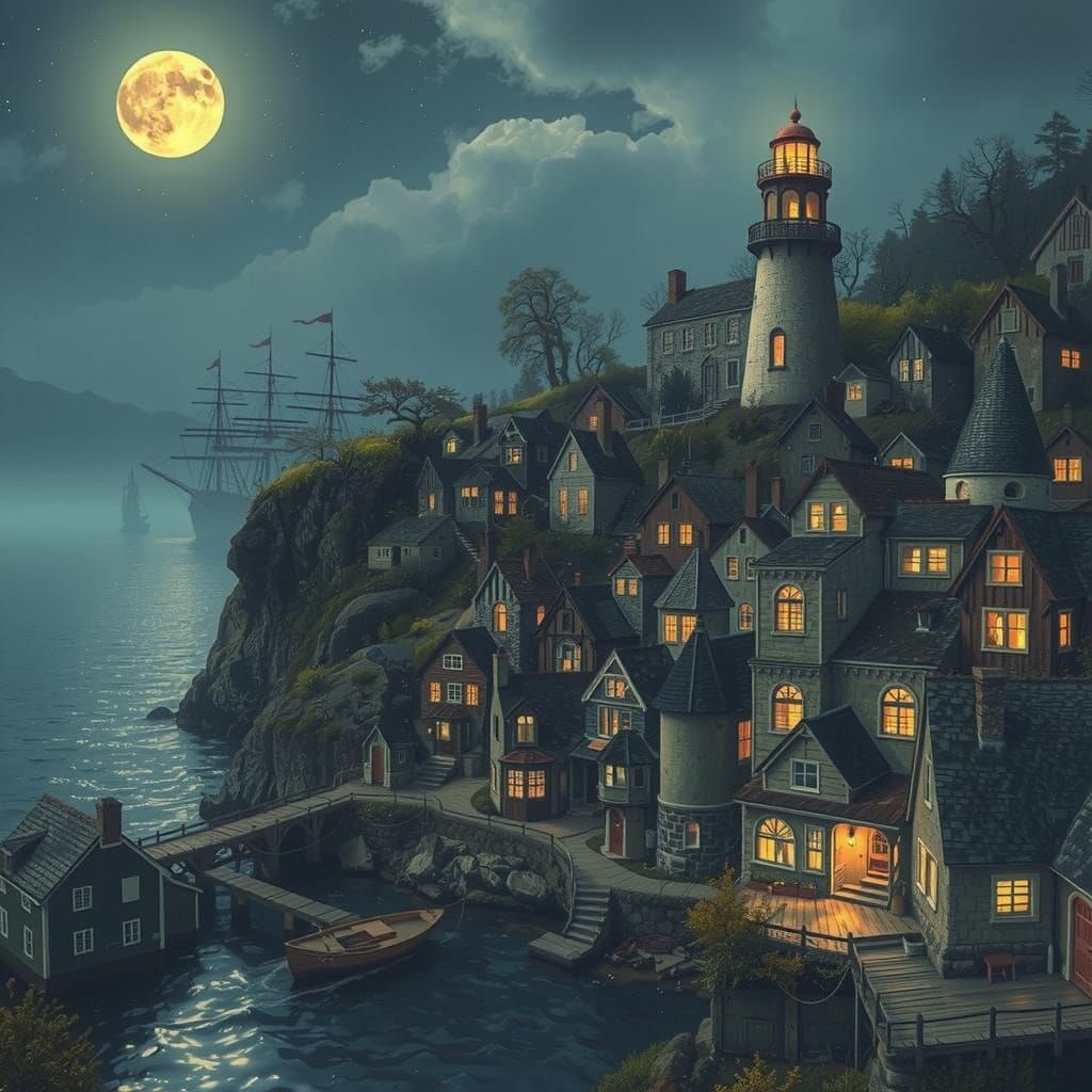 Whimsical Seaside Town at Night with Lighthouse