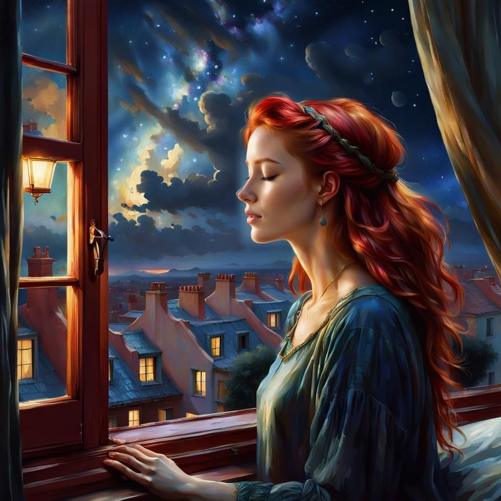 Dreamy Redhead Gazes at Night Sky
