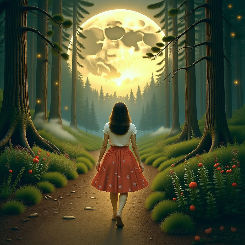 Surreal Forest Scene with Woman Under Golden Moon
