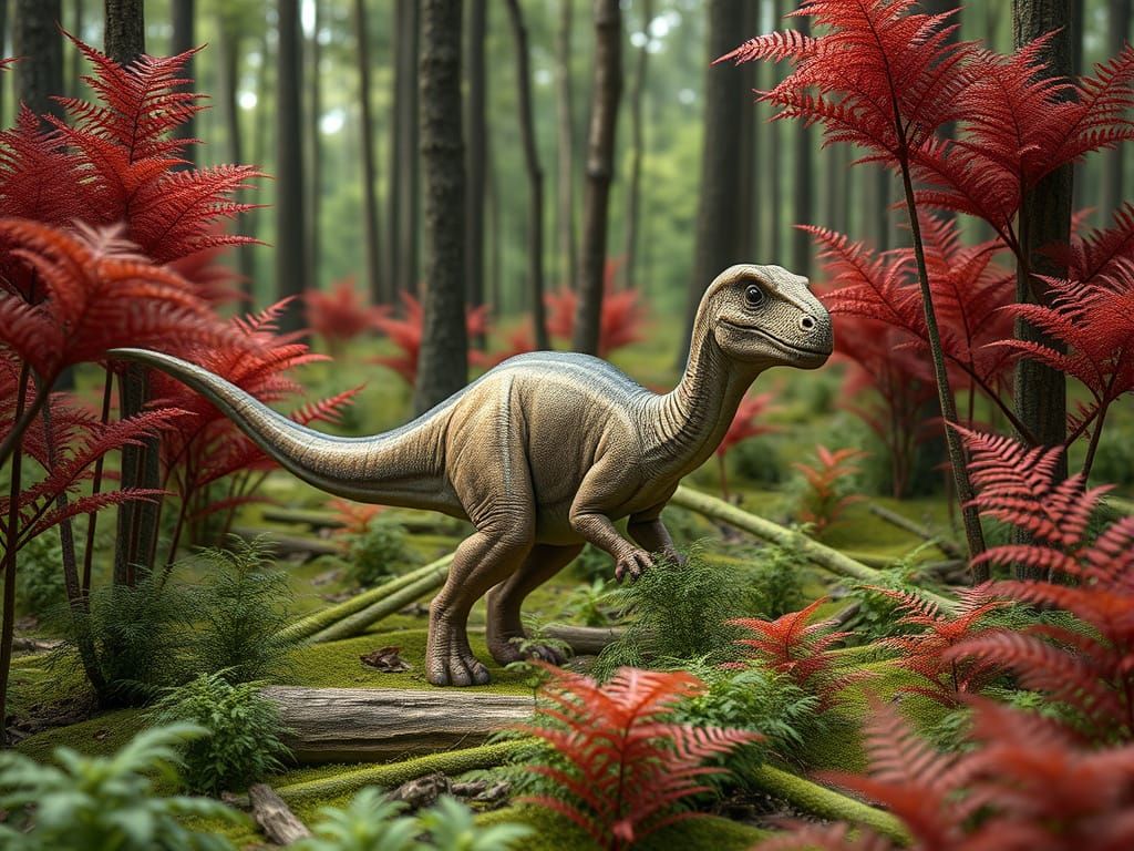 Baby Brontosaurus Plays in Crimson Fern Forest