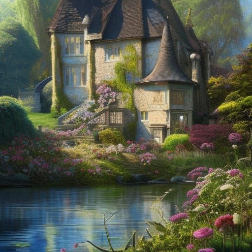 Victorian Castle and Cottage Garden in Cottagecore Style