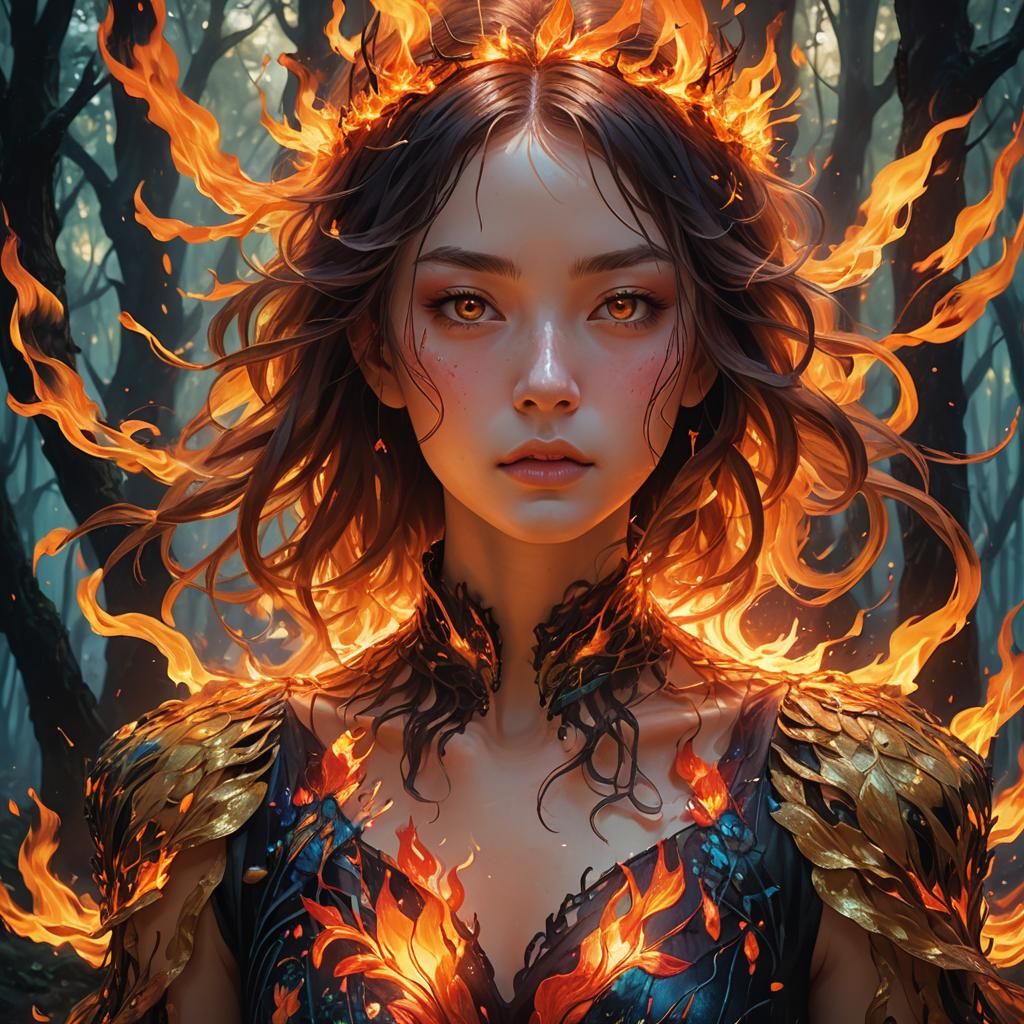 Girl in Flaming Dress in Mystical Forest, 3D Anime Art