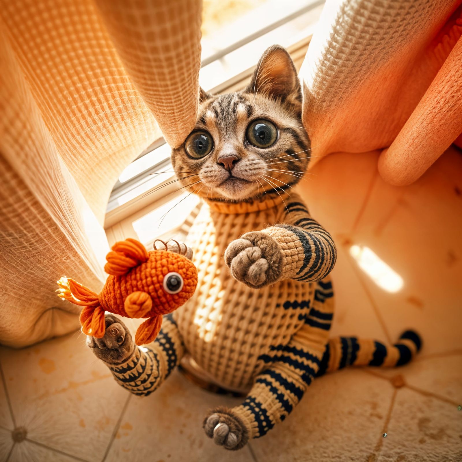 Knitted Cat's Sunny Playtime: An Adorable Yarn World