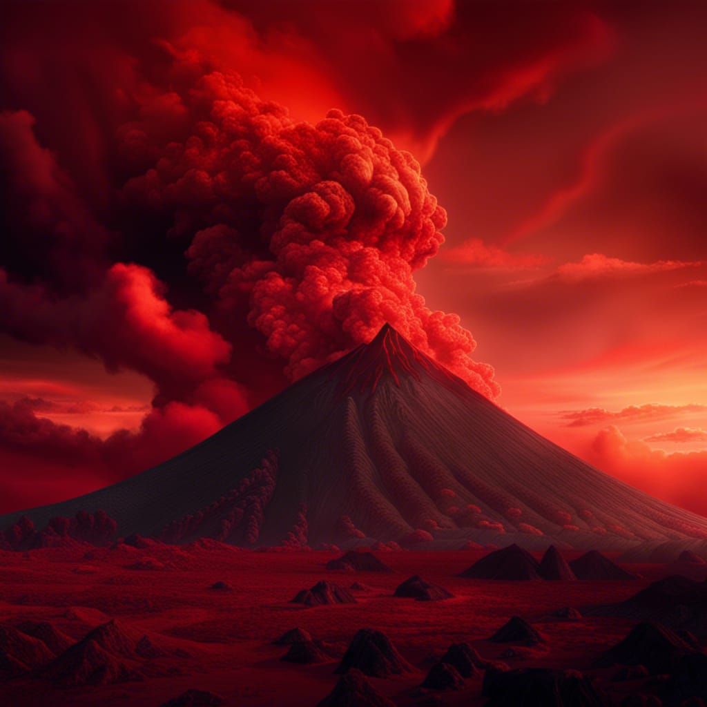Volcano Under Red Sky: Dramatic Digital Painting