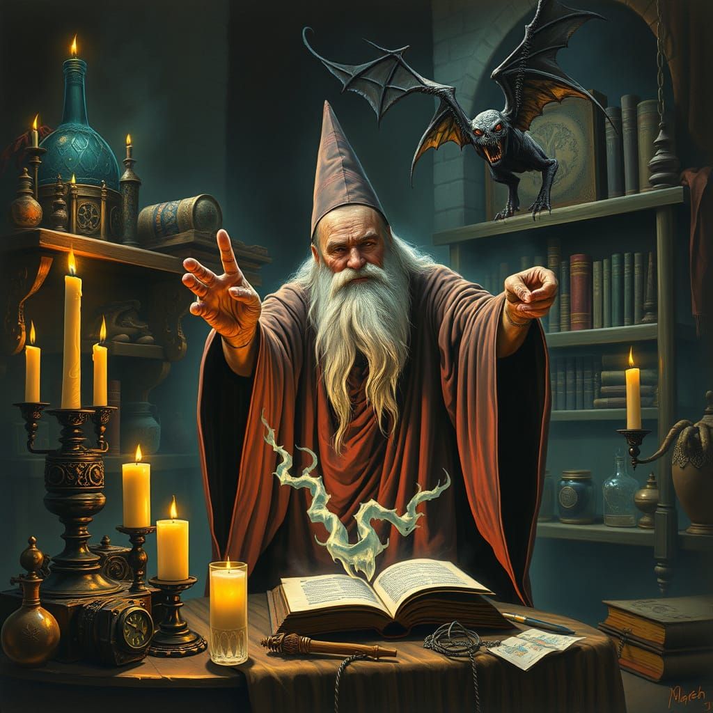 Wizard Conjuring Demon in Tower, Dark Fantasy Style