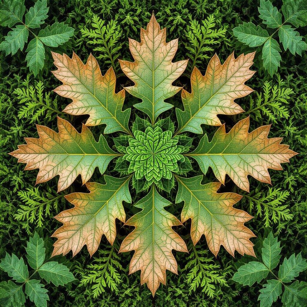 Kaleidoscopic Nature Patterns: Wood, Leaves, and Moss