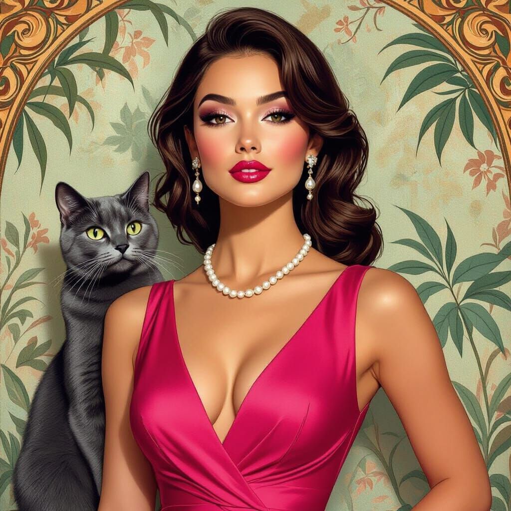 Glamorous Woman with Cat in Art Nouveau Style