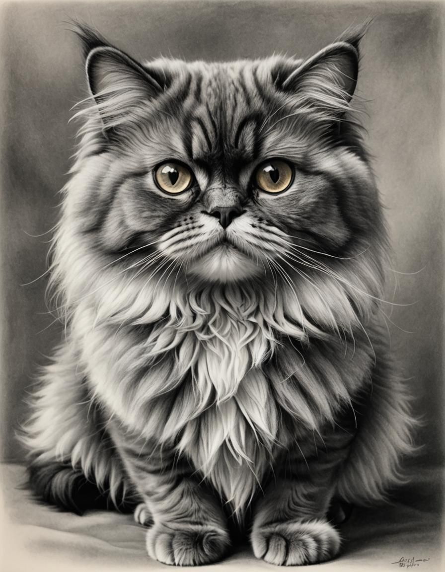 Realistic Charcoal Drawing of a Persian Cat