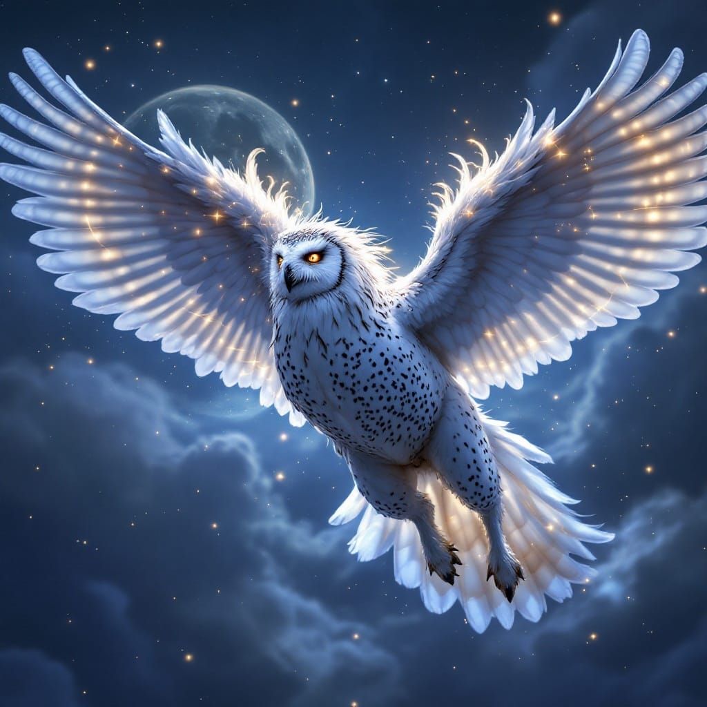Ethereal Snowy Owl Hippogriff Soars Under Starry Night Sky