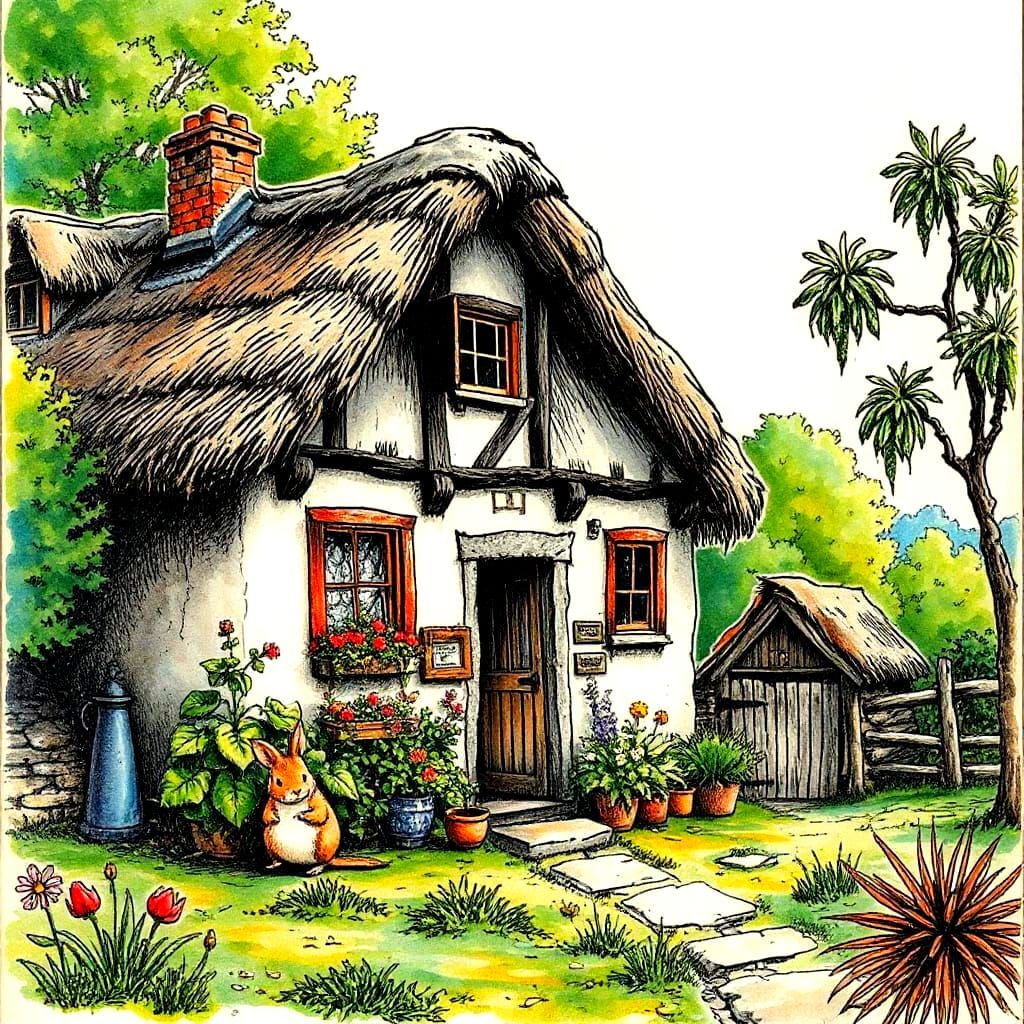 Quaint Cottage in Dreamlike Watercolour Landscape
