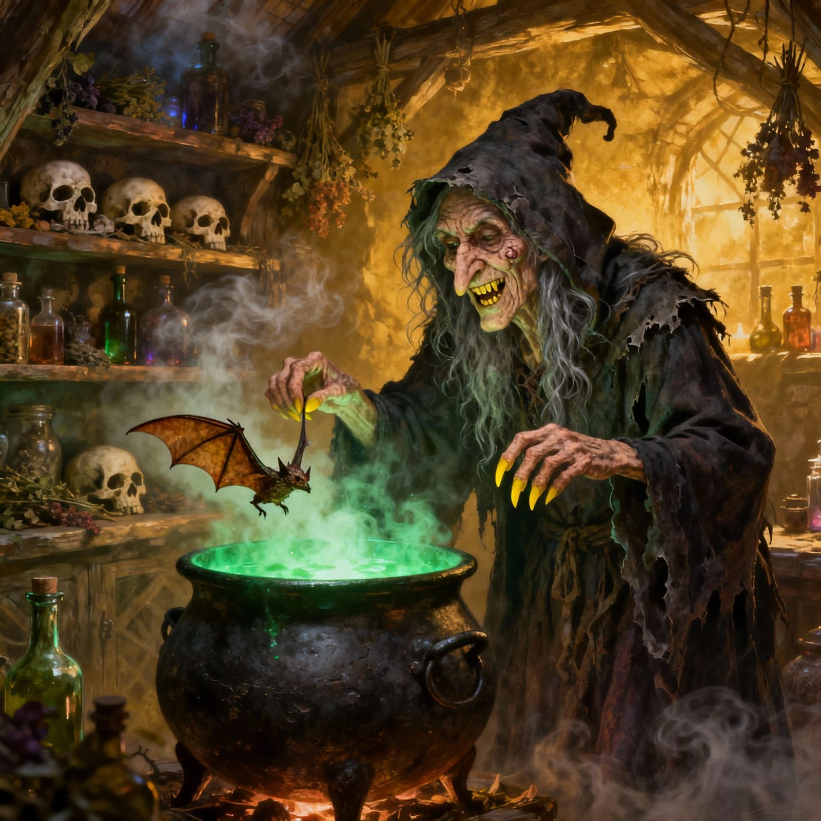 Hunchbacked Witch Brews Potion in Smoky Hut