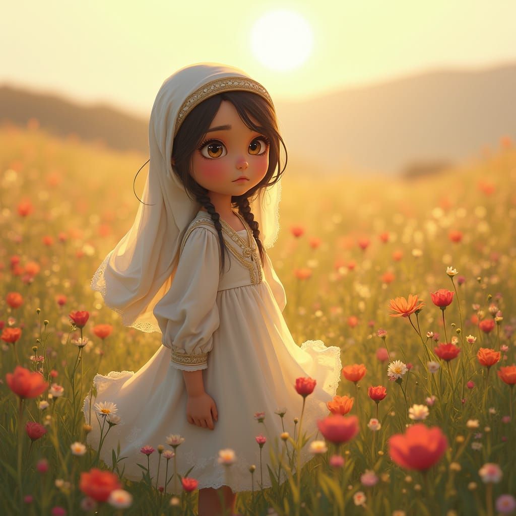 Palestinian Girl in Wildflower Field: Hyper-Realistic Art