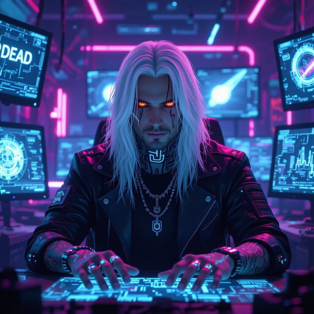 Character in Neon Room with Glowing Tattoos