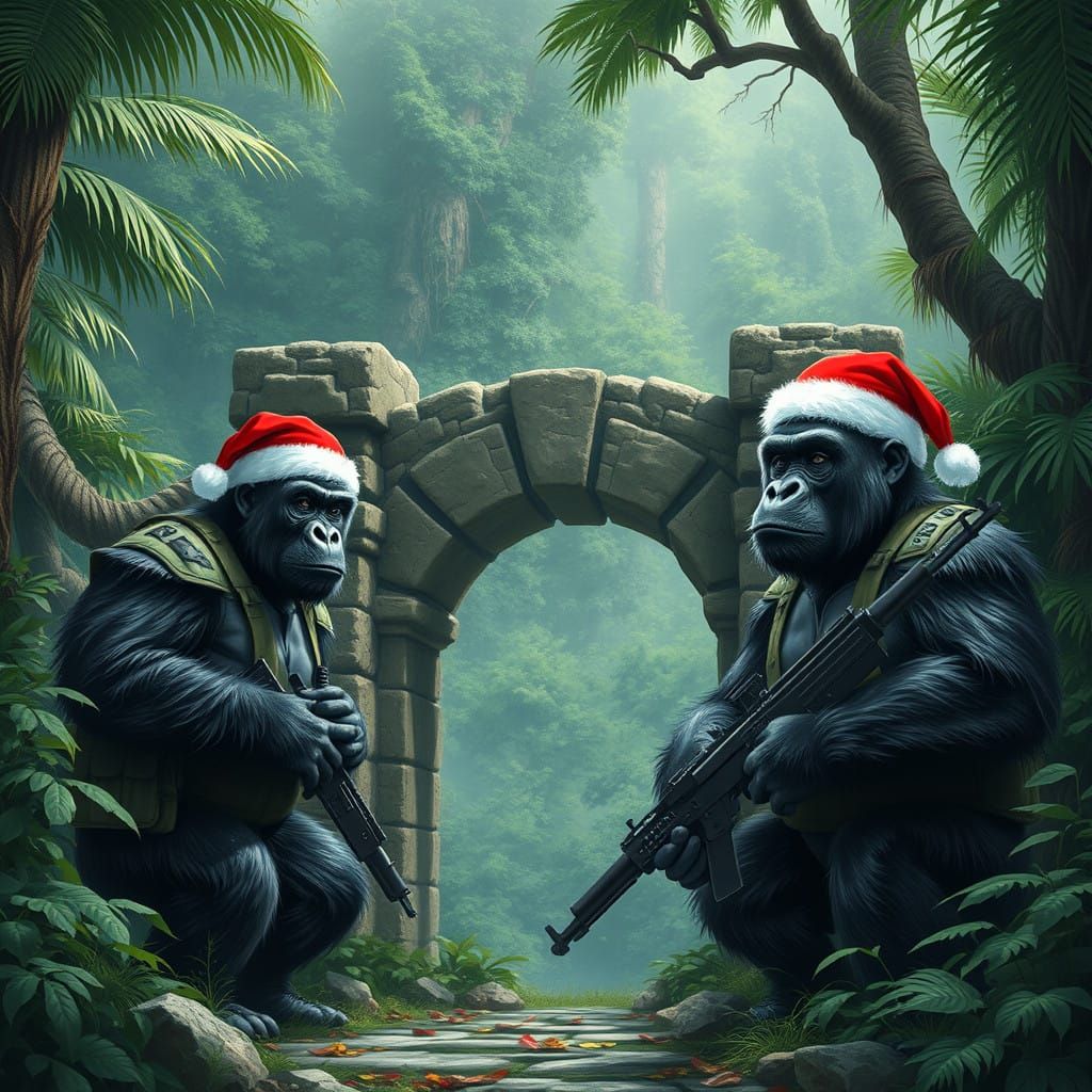 Gorillas in Santa Hats Stand Guard at Jungle Gate