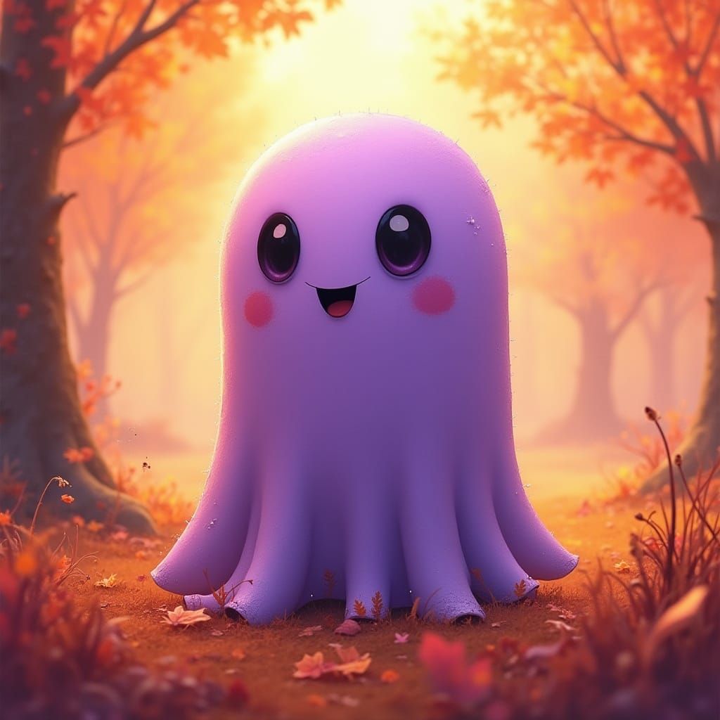 Whimsical Purple and Orange Ghost in Autumn Watercolor Style
