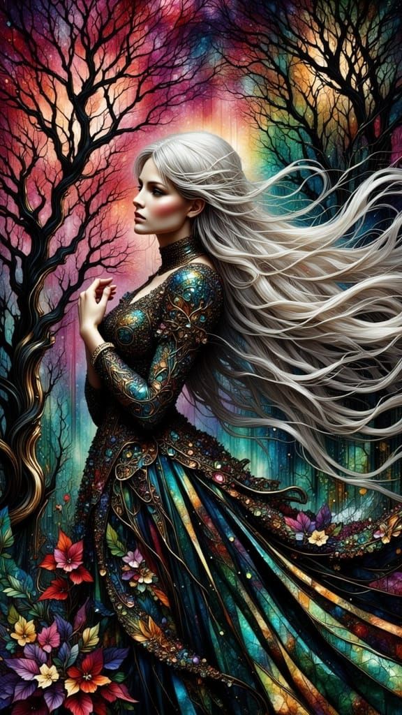 Mystical Woman in Jewel-Toned Gown in Dreamlike Forest