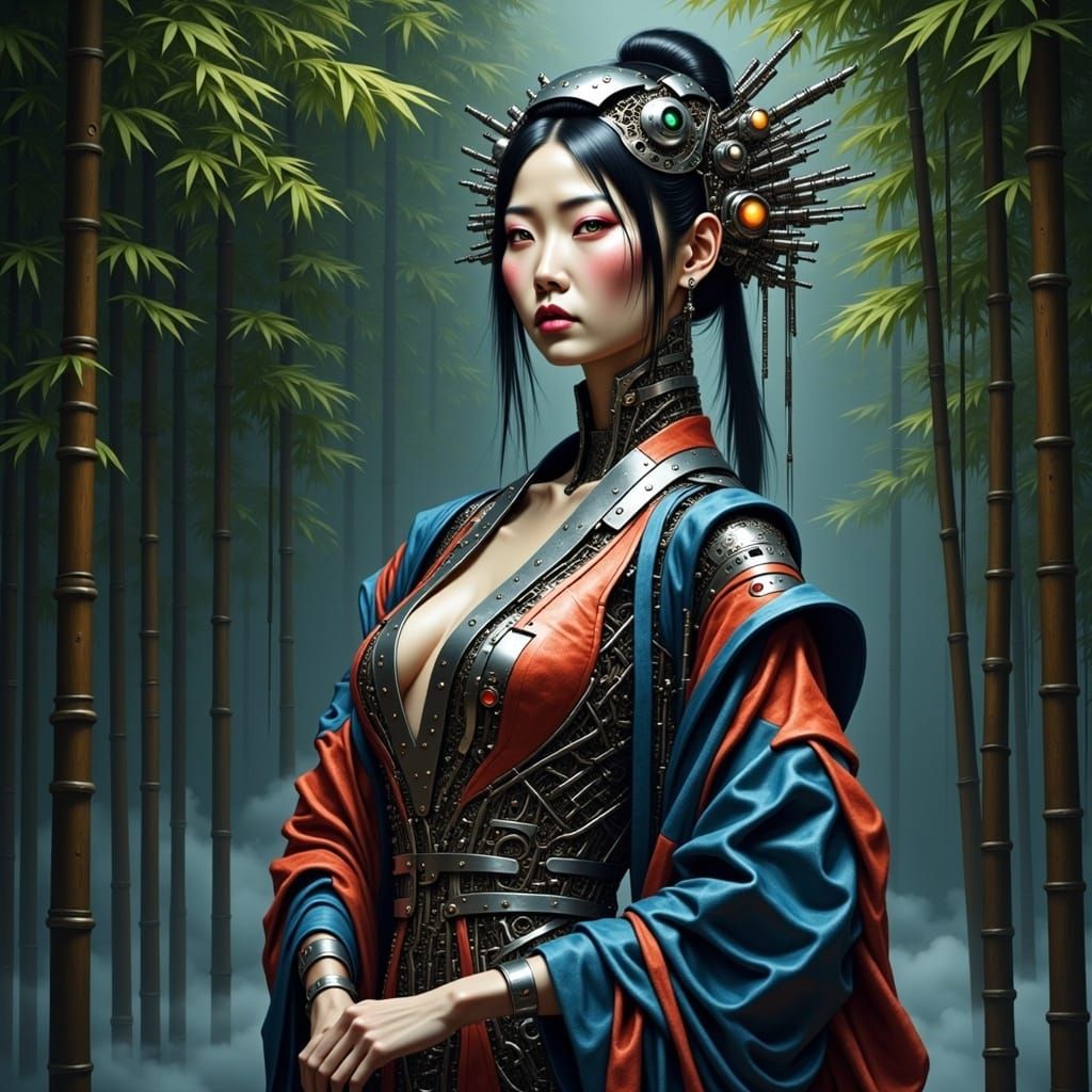 Majestic Asian Cyborg Geisha in Serene Bamboo Forest