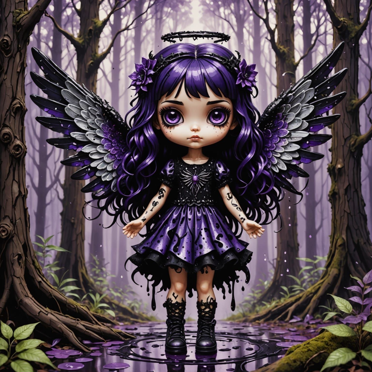 Gothic Chibi Angel with Oil Drip Effect