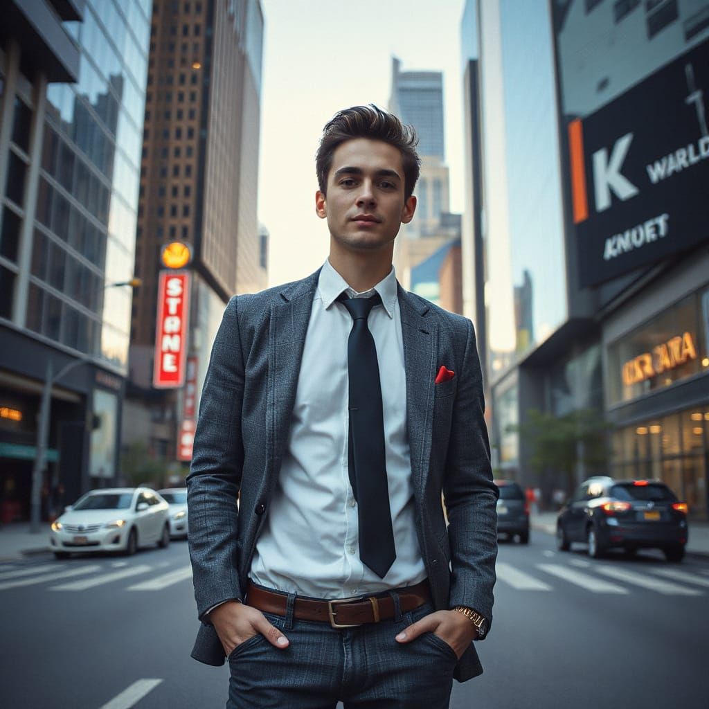 Young Professional in Retro-Futuristic Cityscape