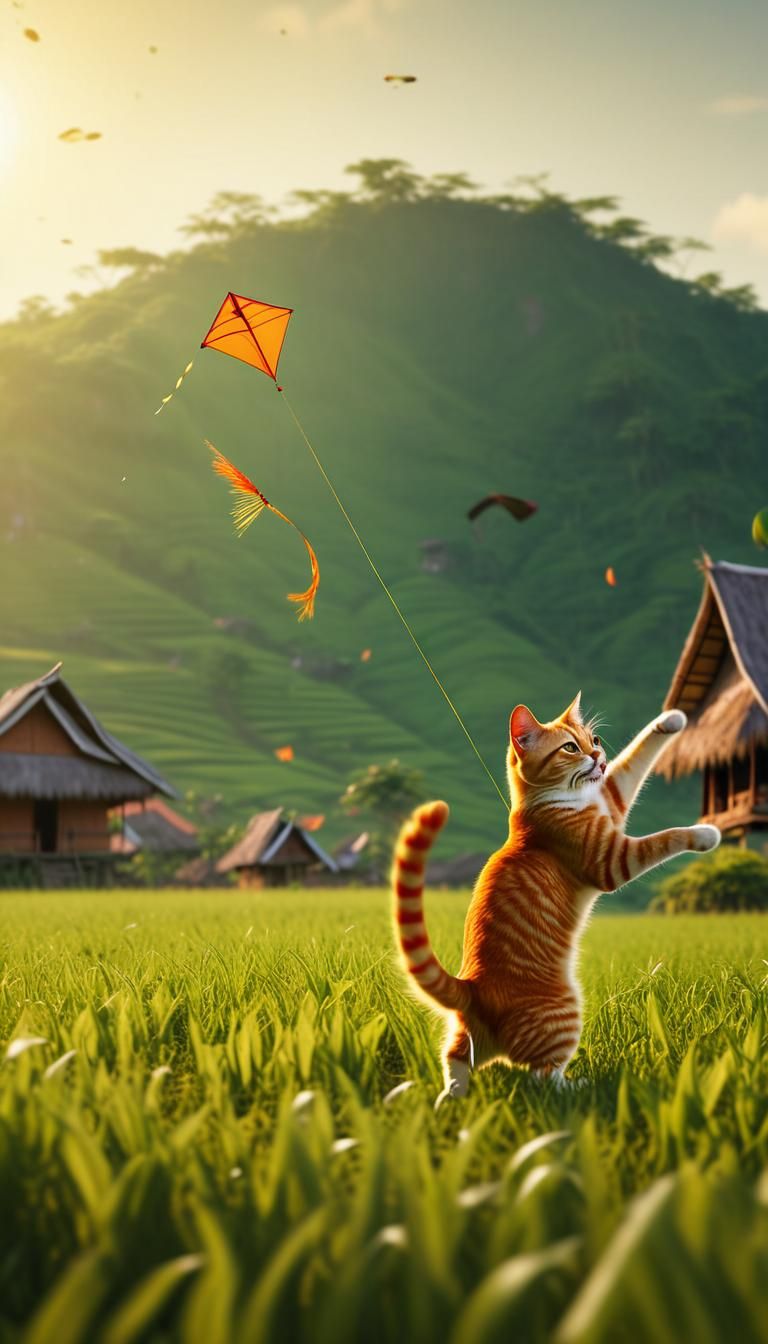 Orange Cat Flies Kite in Indonesian Field