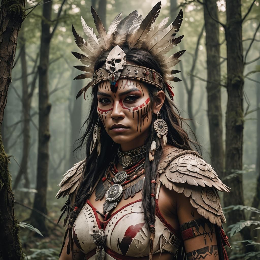 Fierce Native American Shaman in Enchanted Forest