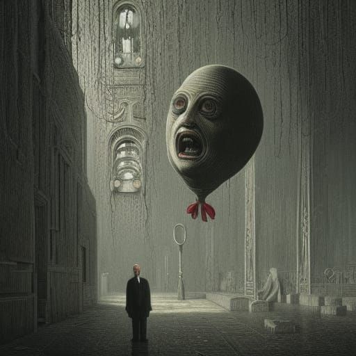 Surreal Nightmare: Human Head Balloon Over Intricate City