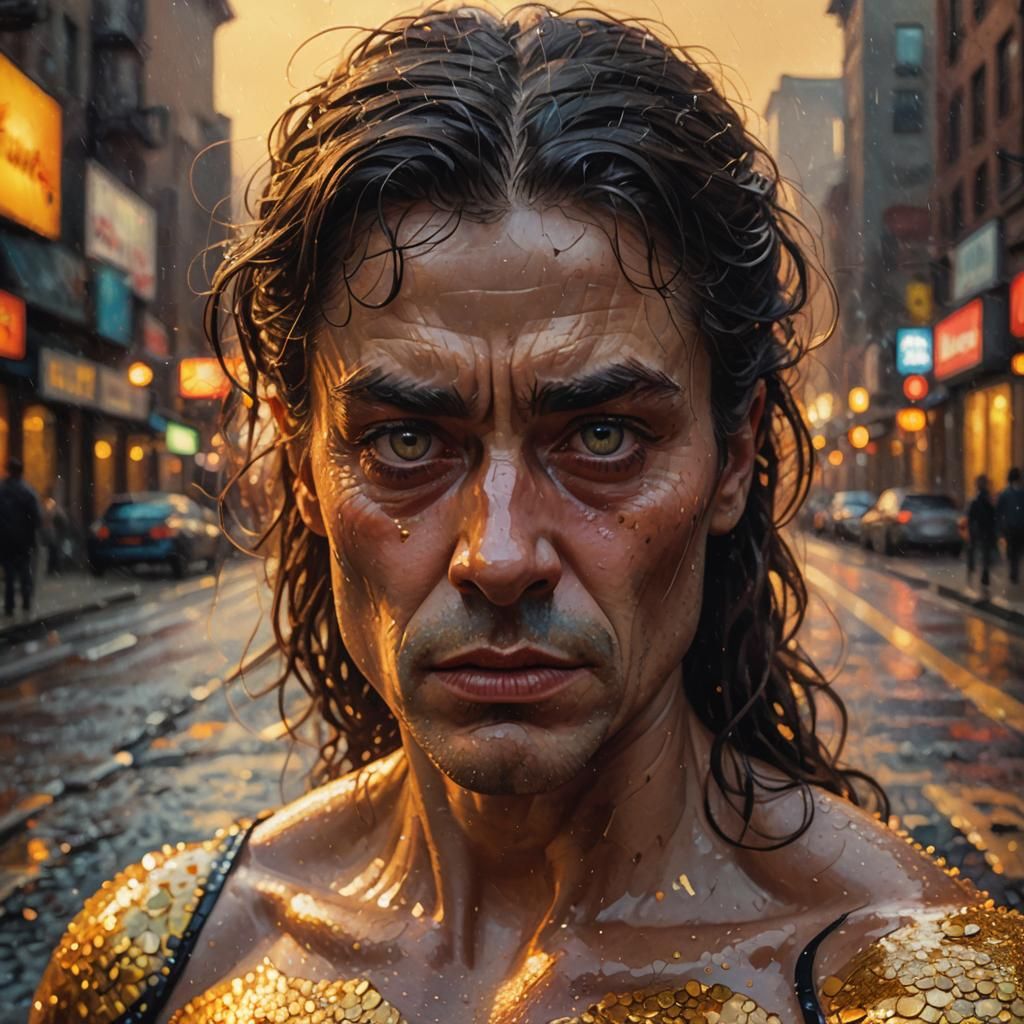 Shocked Man in Cityscape: Pointillist Digital Portrait