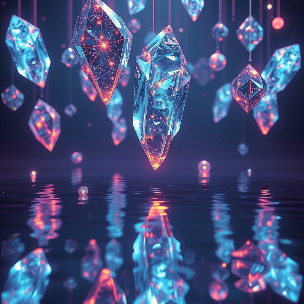 Floating Neon Crystals with Light Trails