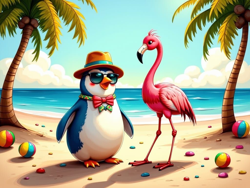Golden Hour Friends: Penguin and Flamingo's Joyful Beach Adv...