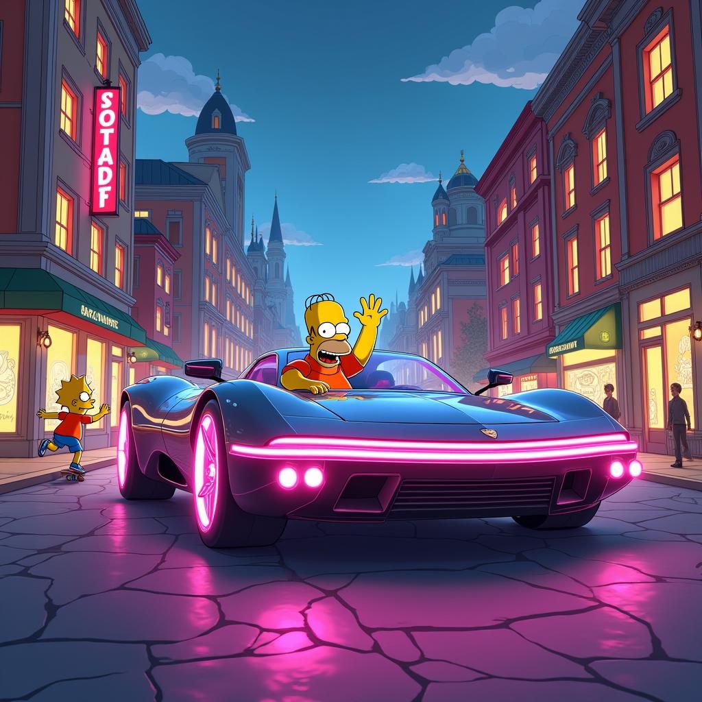 Futuristic Car in Simpsons Street: Digital Art