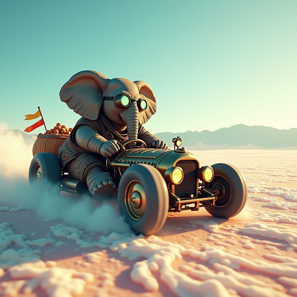 Elephant Race Car in Fantasy Landscape, Matte Painting