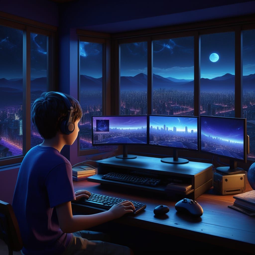 A Boy Enthralled by the Digital Realm in a Darkened Room