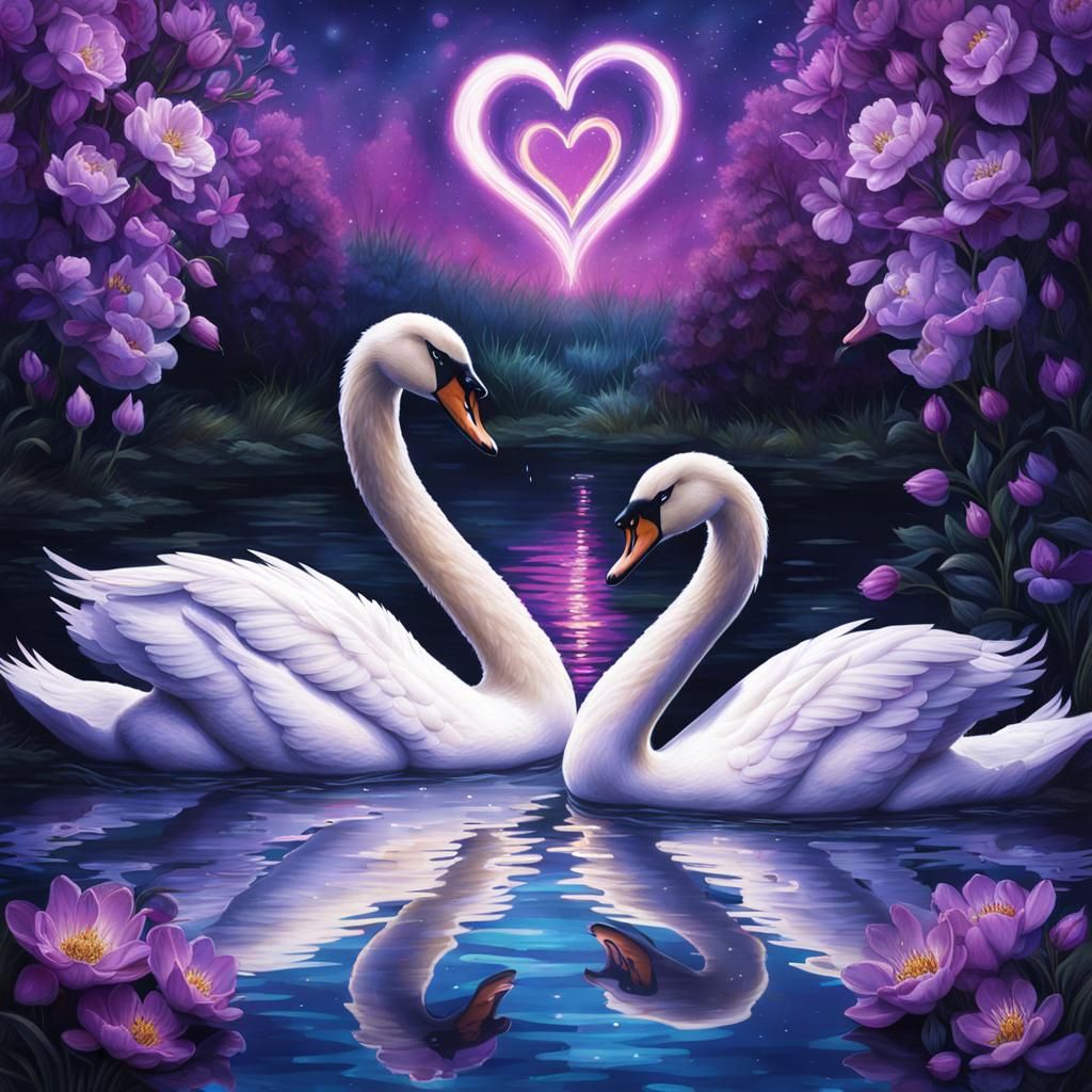 Swans with Purple Flowers at Night in Hyperrealism
