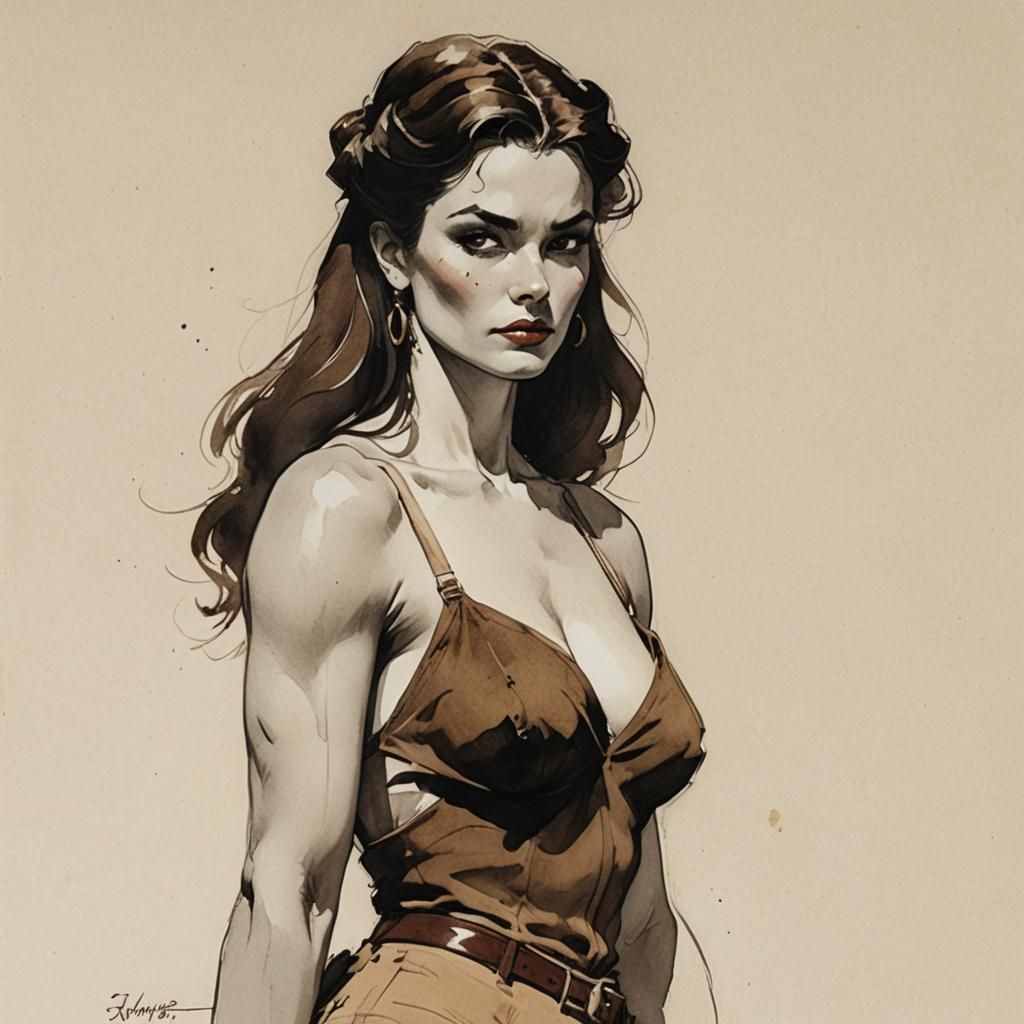 Attractive Woman Portrait in Frazetta Style Ink Drawing