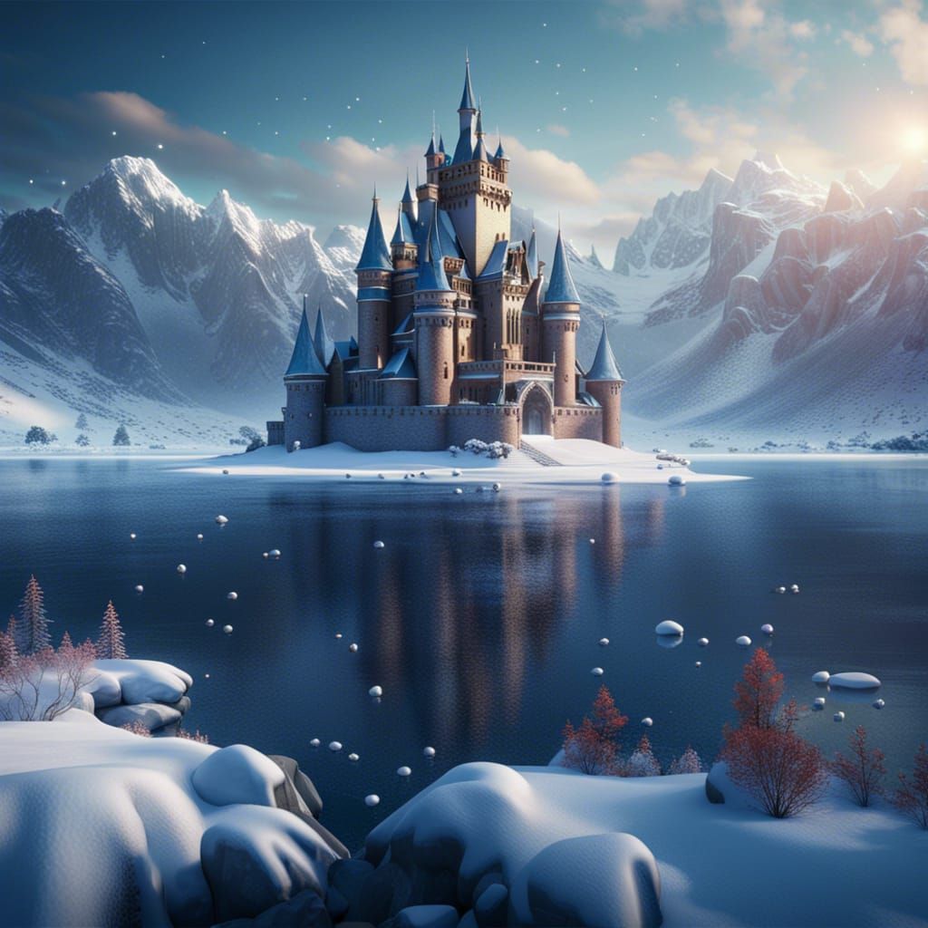 Elegant Castle on Frozen Lake, Detailed Matte Painting