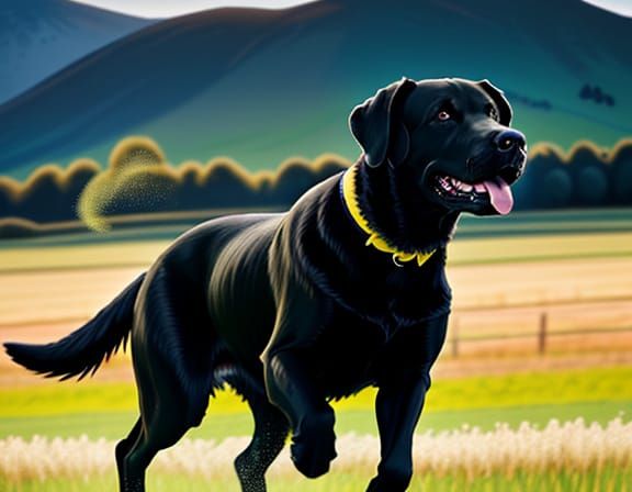 Energetic Black Labrador Running in Sunlit Field