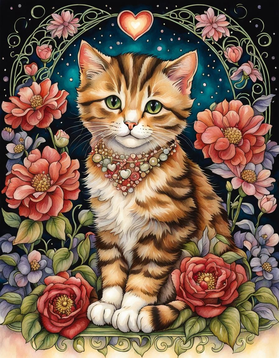 Cute Cat Surrounded by Flowers